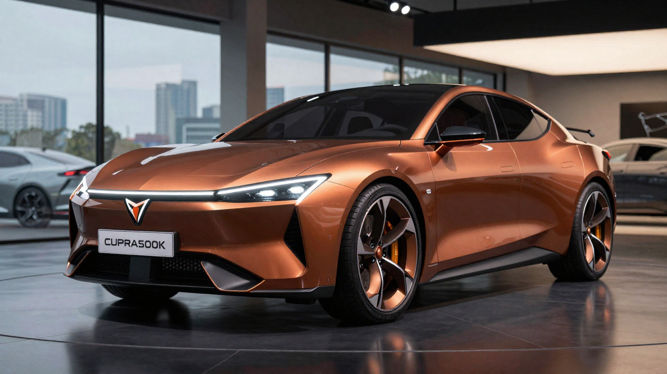 Carro elétrico Cupra 500K bronze exibido em salão de automóveis moderno com janelas grandes.