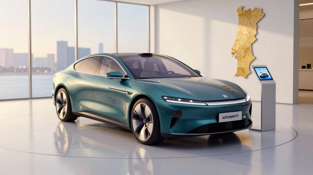 Carro elétrico verde exposto em sala moderna com mapa decorativo na parede e vista para a cidade ao fundo.