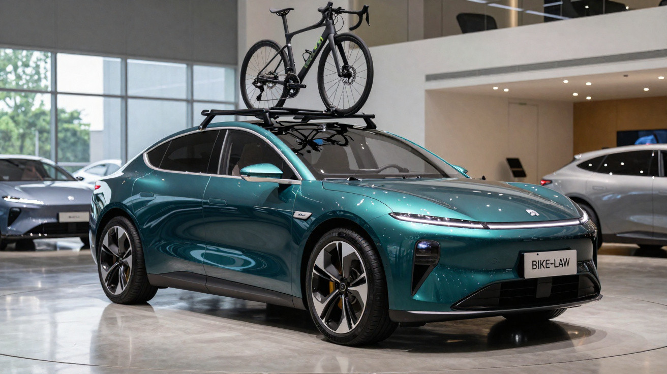 Carro elétrico verde com bicicleta presa no teto em showroom moderno.