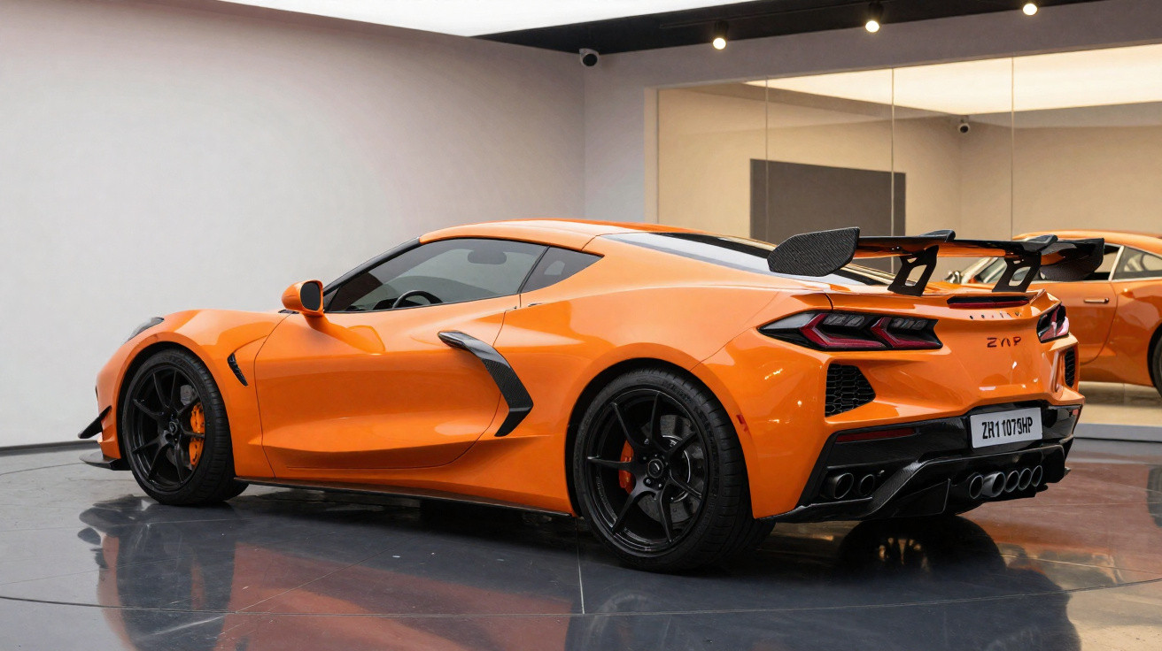 Carro esportivo laranja com rodas pretas e aerofólio, exibido em ambiente interno com espelhos.