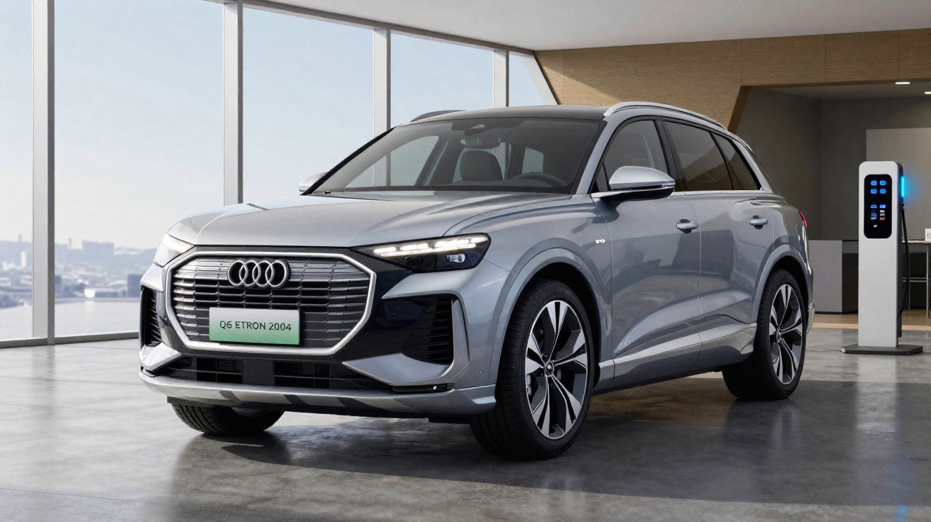 Carro elétrico Audi Q6 e-tron cinza estacionado em garagem moderna com carregador elétrico ao fundo.