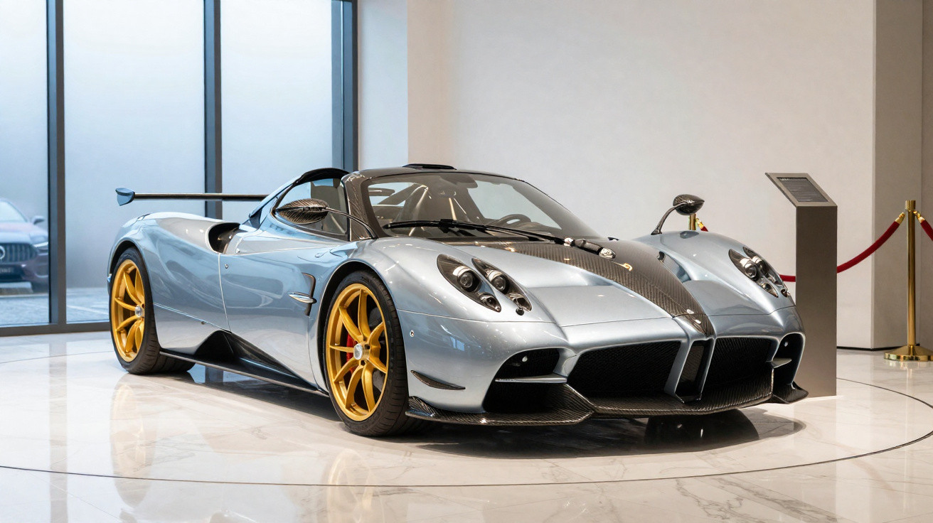 Carro esportivo prata com rodas douradas exibido em sala de exposição com piso branco e luz natural.