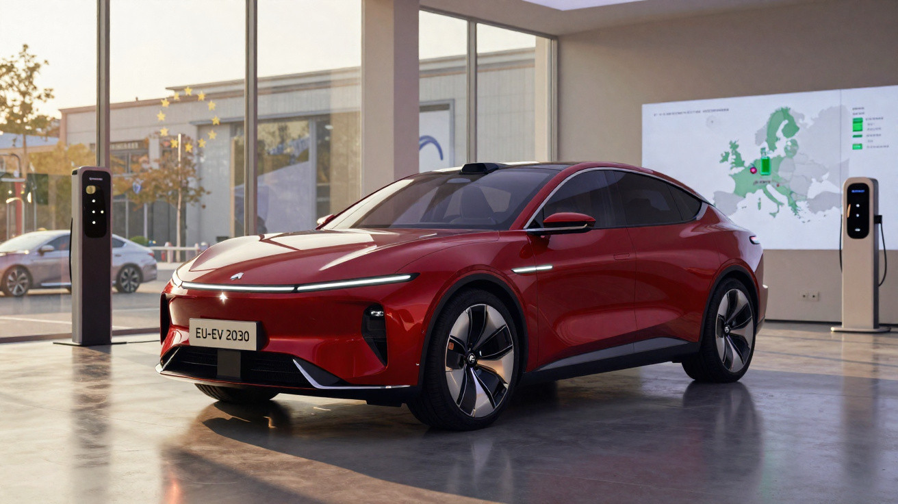 Carro elétrico vermelho moderno estacionado em showroom com carregadores e mapa da Europa ao fundo.