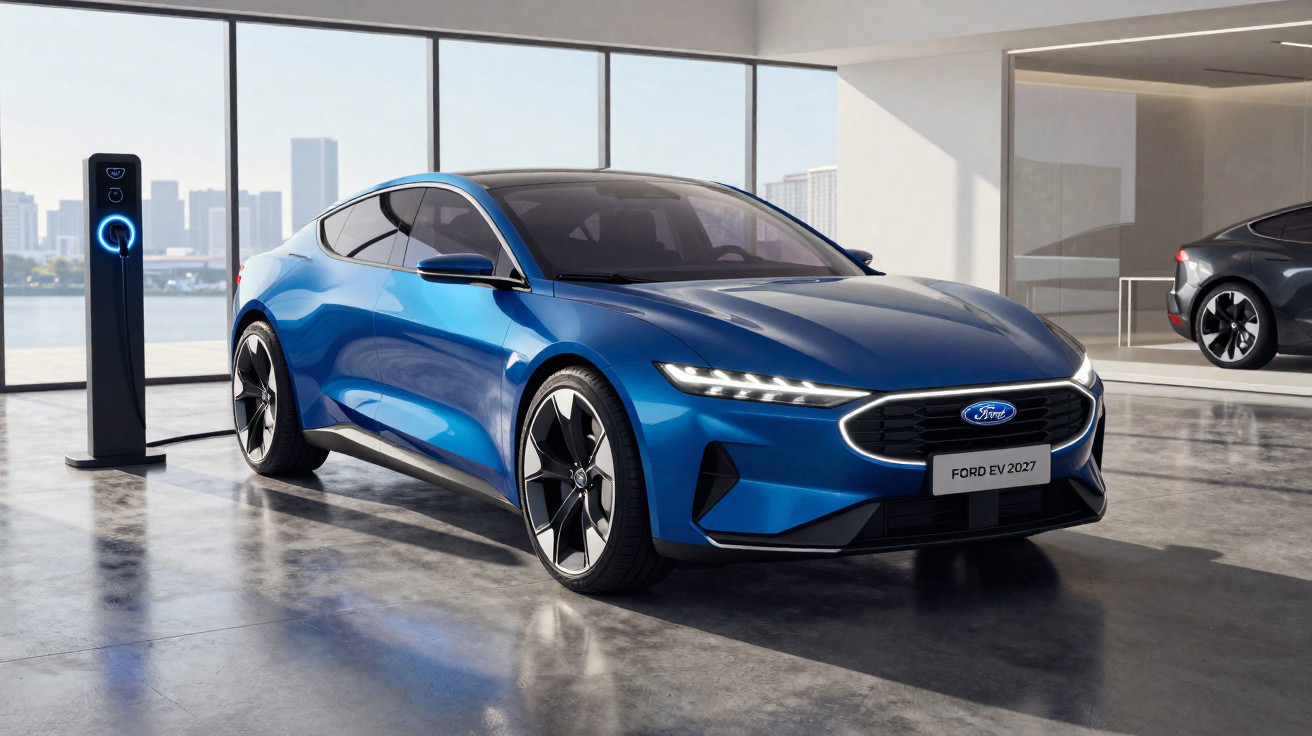 Carro elétrico Ford EV 2027 azul estacionado em showroom moderno com carroceria aerodinâmica e carregador ao lado.