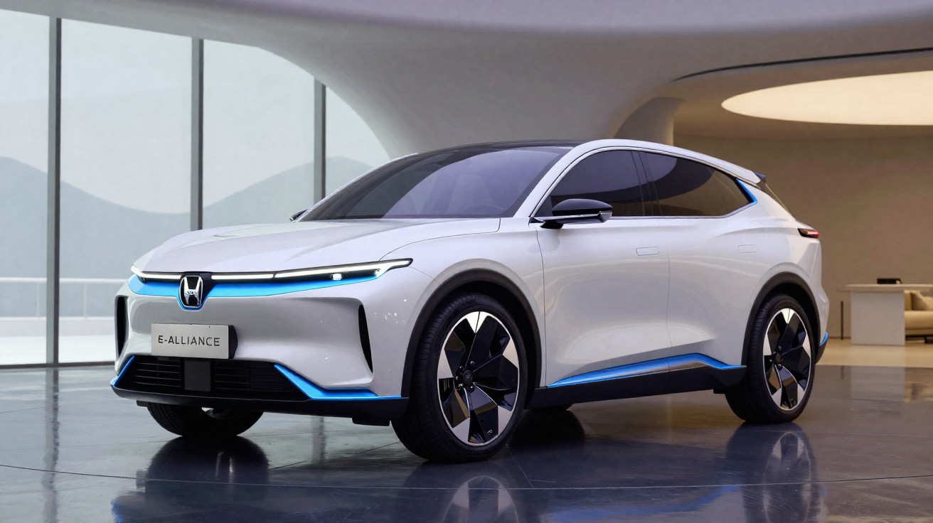 Carro elétrico branco Honda E-Alliance em ambiente moderno com iluminação suave e acabamento azul.