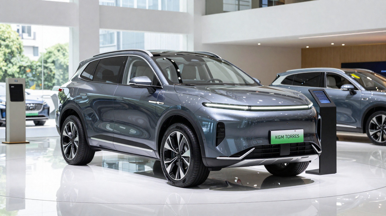 Carro elétrico cinza exposto em showroom moderno com piso branco e iluminação natural.