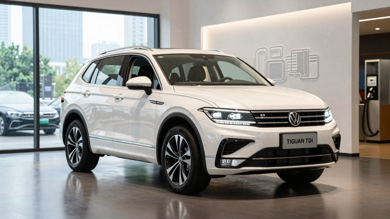 Carro SUV Volkswagen Tiguan TDI branco exibido em showroom moderno e iluminado.