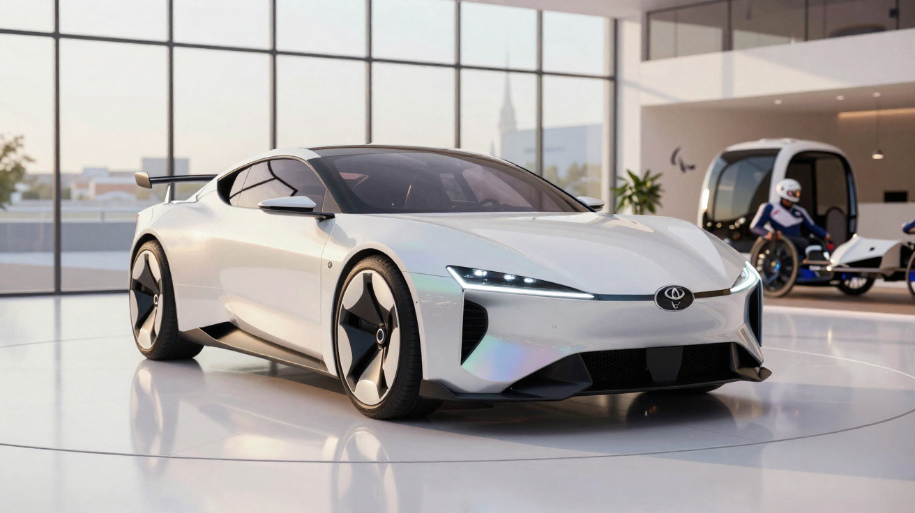 Carro esportivo elétrico branco em showroom moderno com grandes janelas e veículos futuristas ao fundo.
