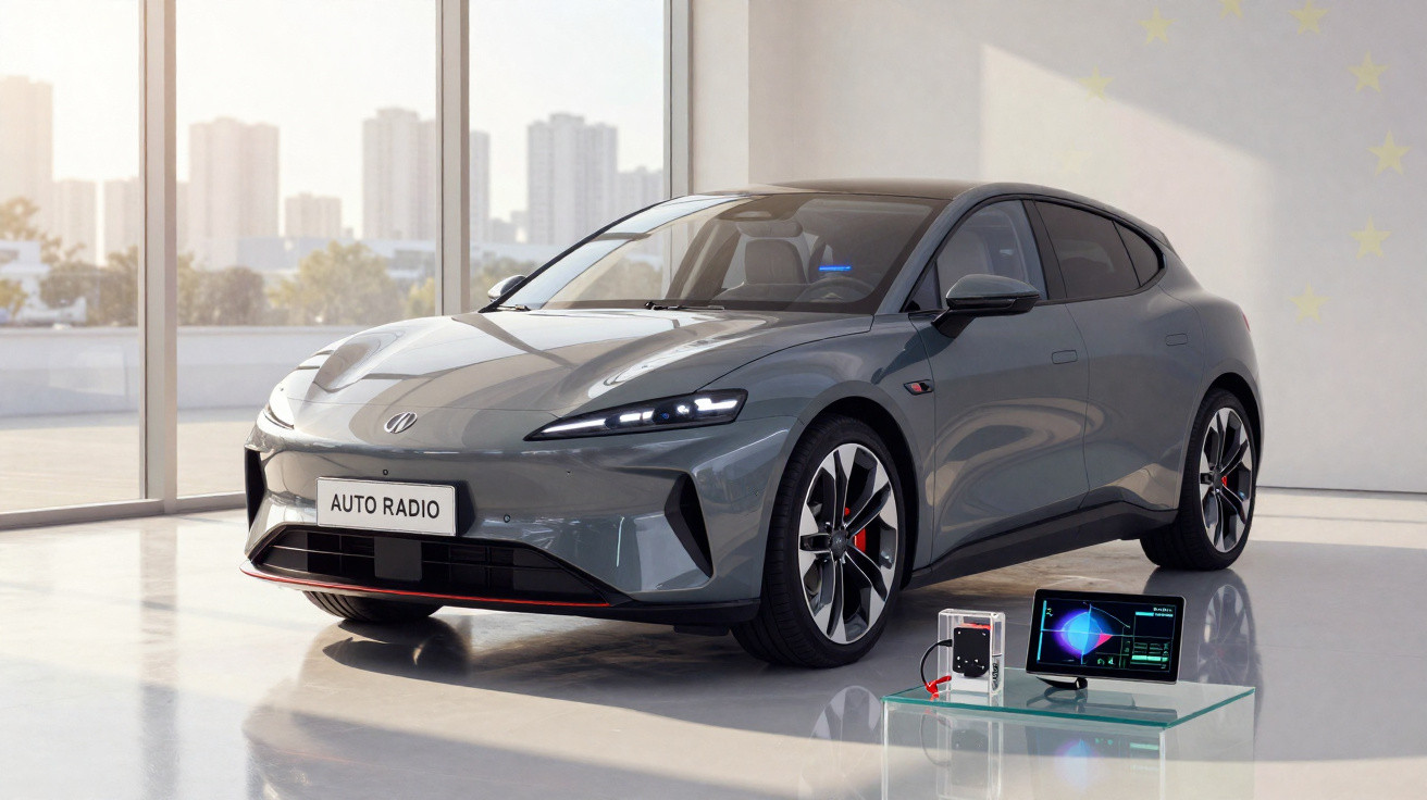 Carro elétrico cinza exposto em ambiente interno moderno com monitor e equipamentos tecnológicos ao lado.