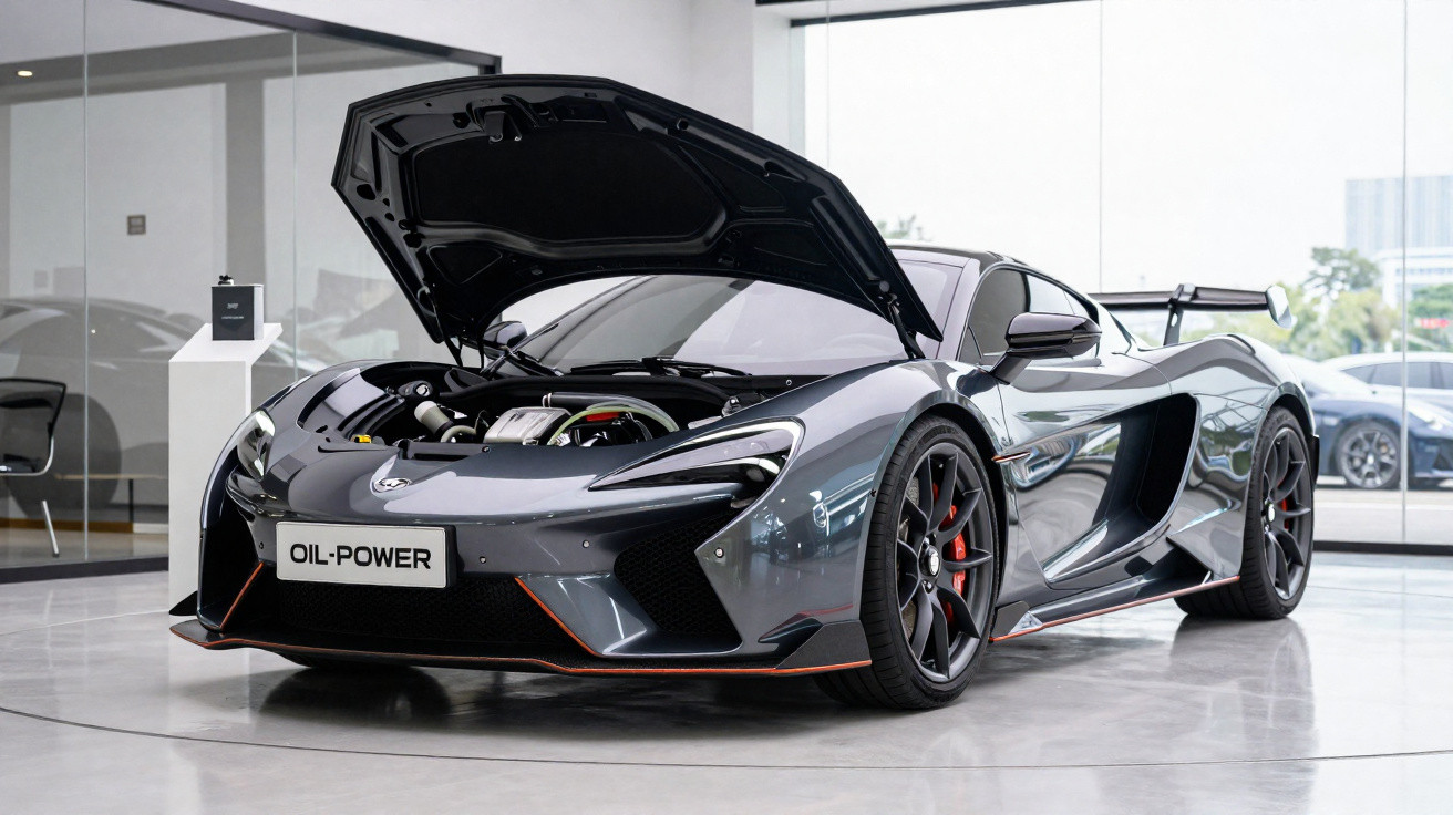 Carro esportivo cinza com capô aberto exibindo o motor, em showroom moderno com chão branco.