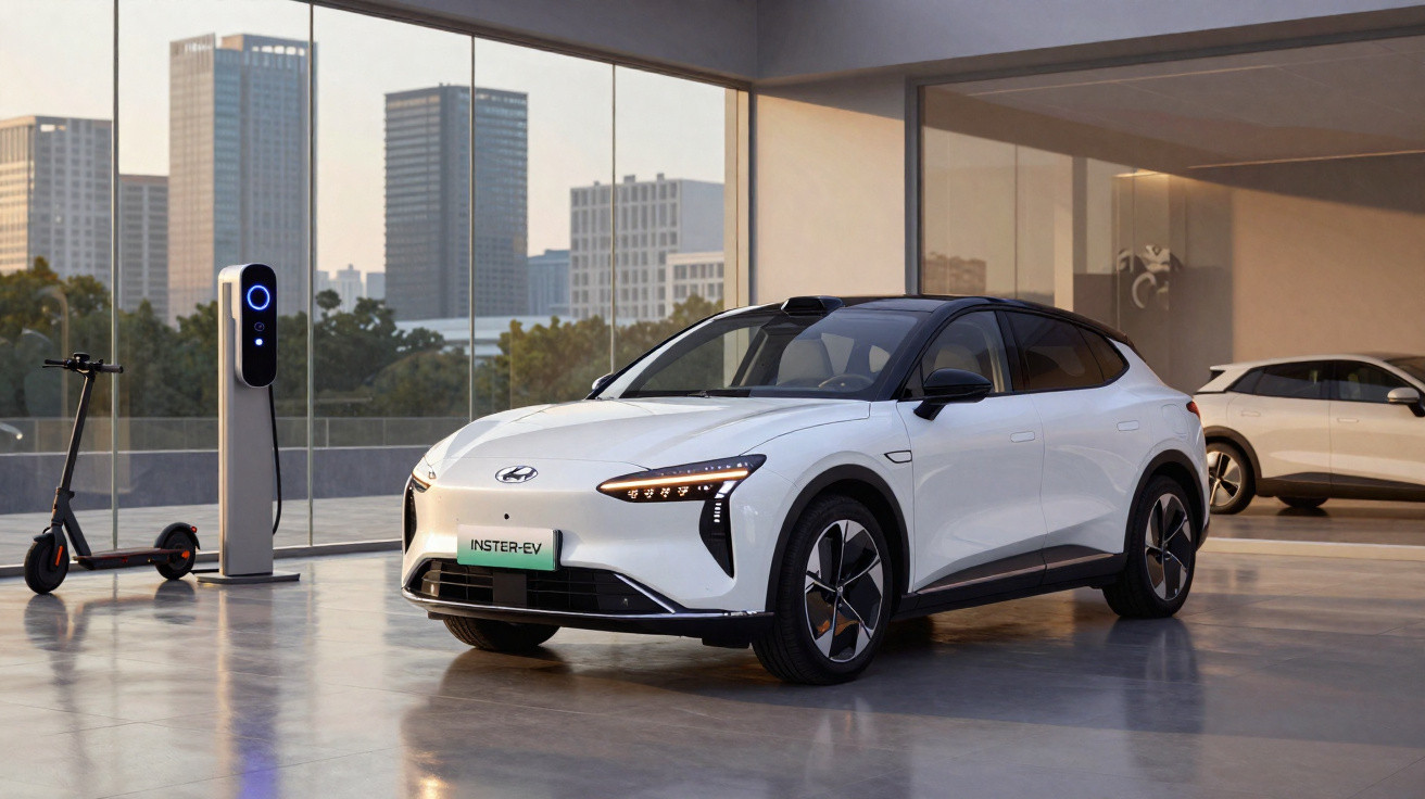 Carro elétrico Hyundai branco estacionado em espaço interno moderno com patinete elétrico e estação de recarga.
