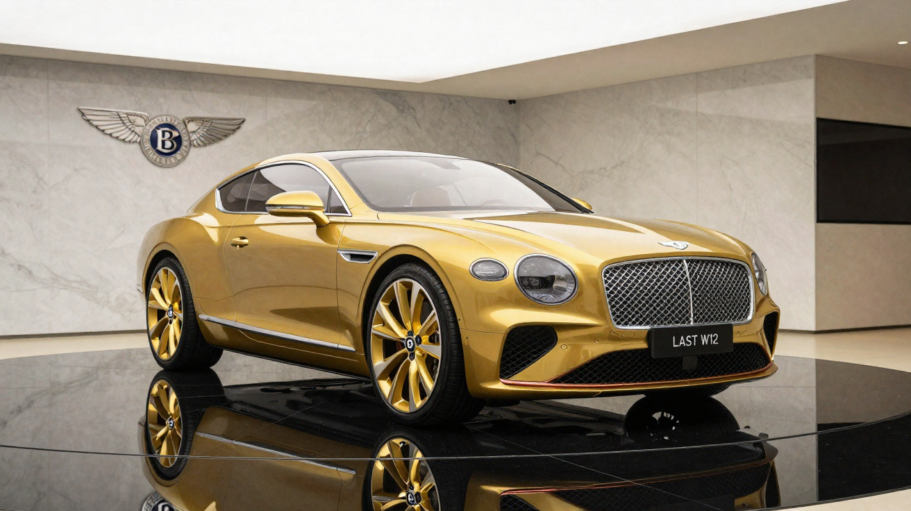 Carro esportivo de luxo dourado Bentley exibido em showroom moderno com piso espelhado.