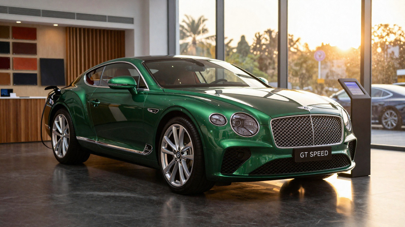 Carro esportivo Bentley GT Speed verde em exposição interna com janela grande ao fundo e iluminação natural.