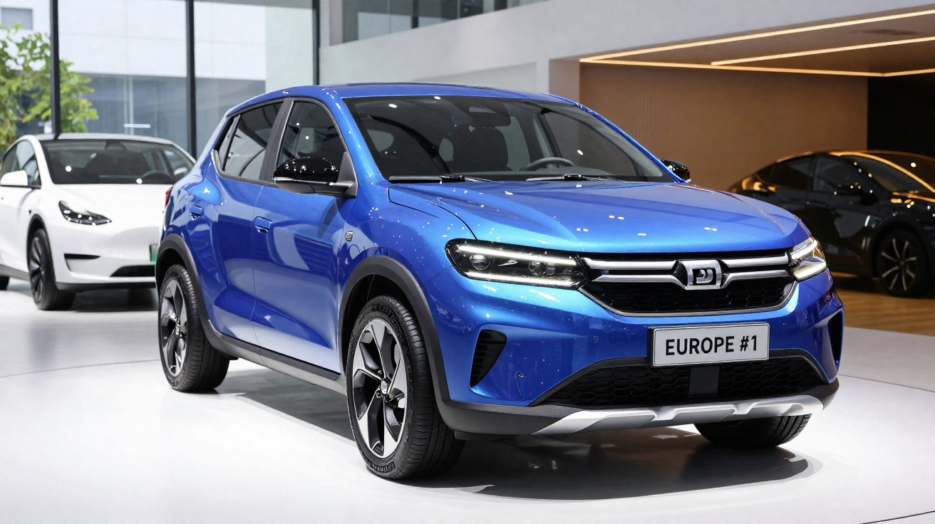 Carro azul elétrico compacto em exposição interna com outros veículos ao fundo.