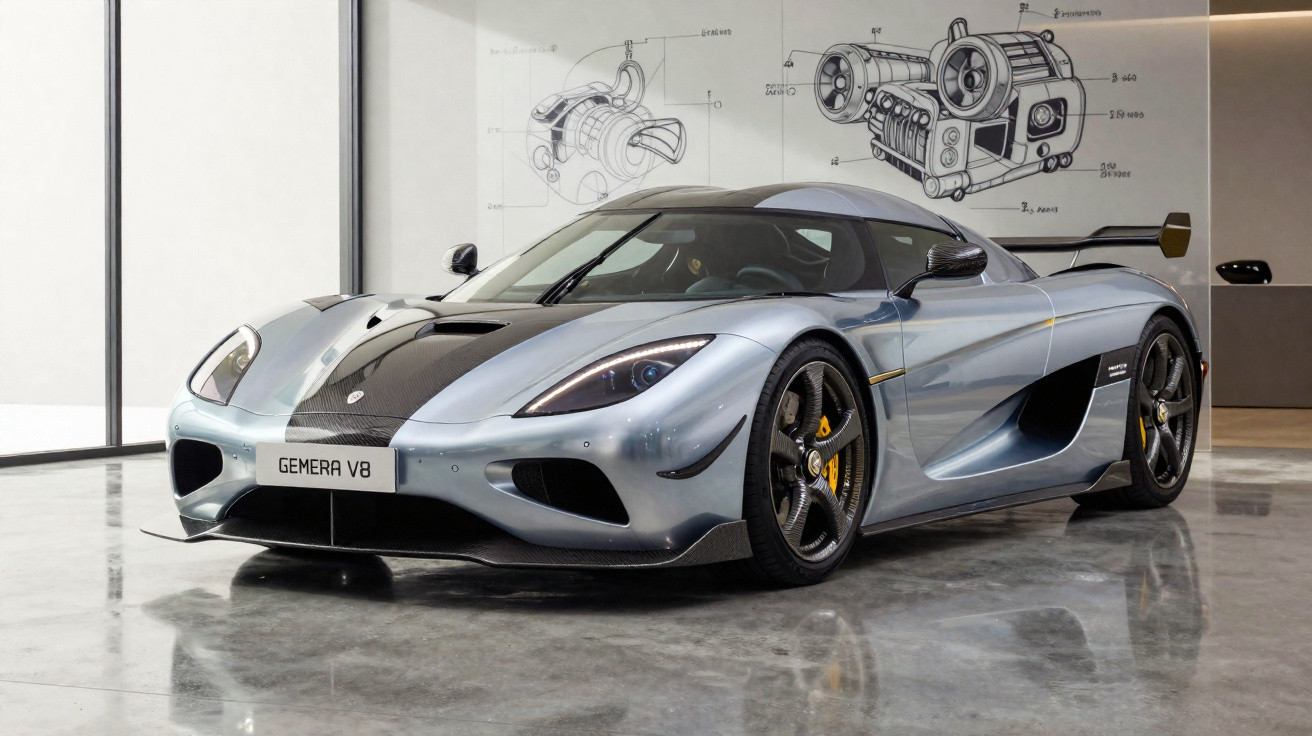 Carro esportivo prata Koenigsegg Gemera V8 em exposição com desenhos técnicos na parede ao fundo.