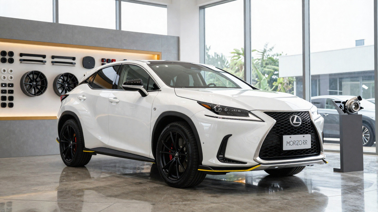 Carro SUV branco Lexus NX exposto em salão moderno com painel de peças automotivas ao fundo.