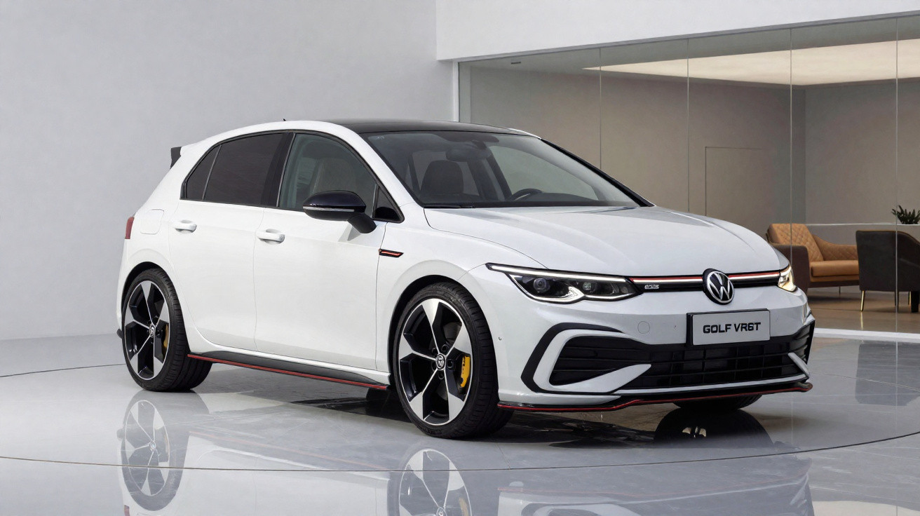 Carro Volkswagen Golf VR6 branco estacionado em ambiente interno moderno e minimalista.
