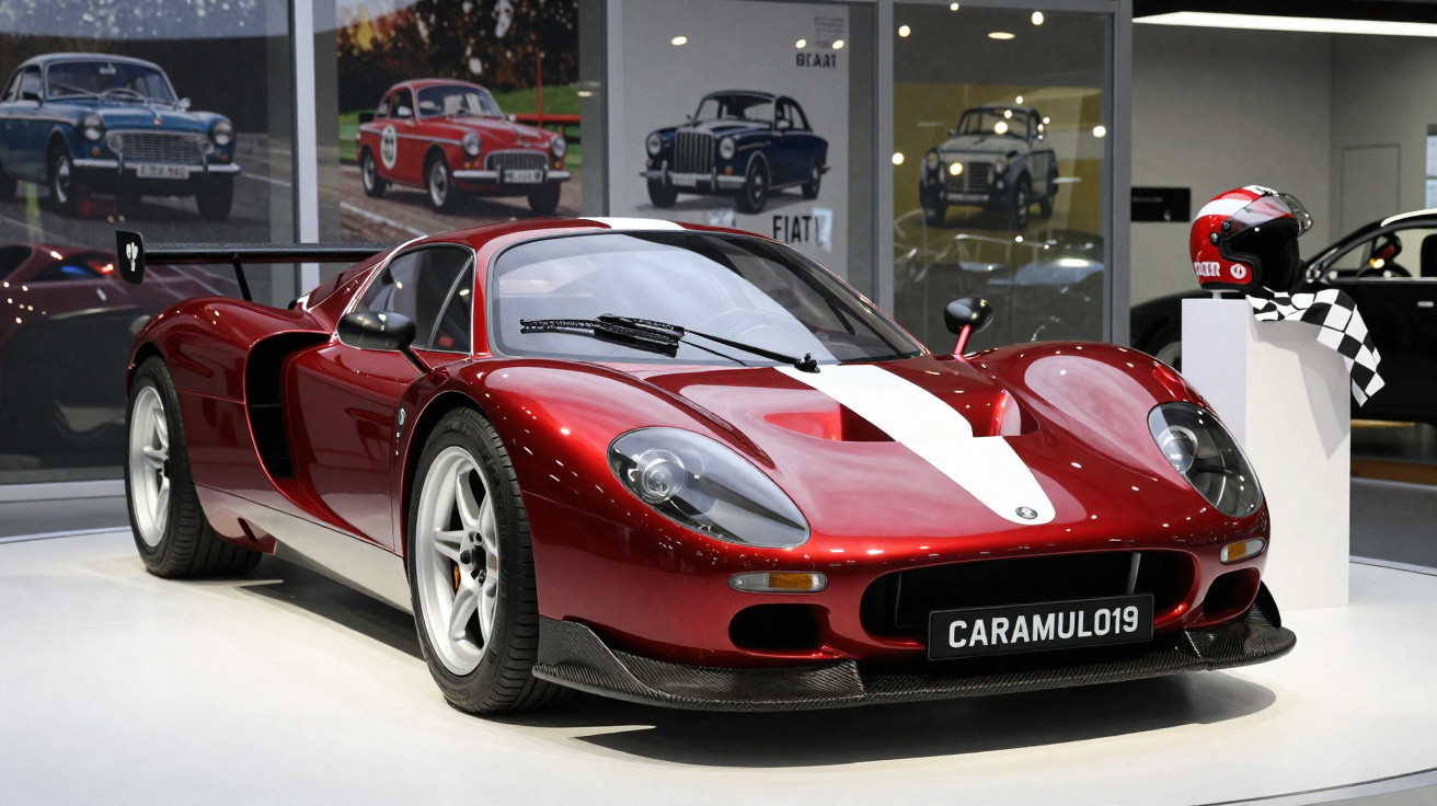 Carro esportivo clássico vermelho com faixa branca no museu, ao lado de capacete e bandeira quadriculada.
