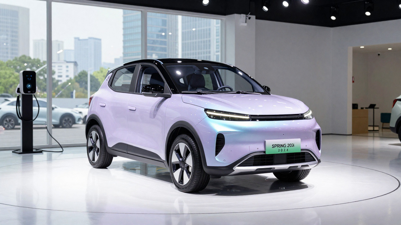 Carro elétrico branco em exposição dentro de showroom moderno com estação de recarga ao fundo.