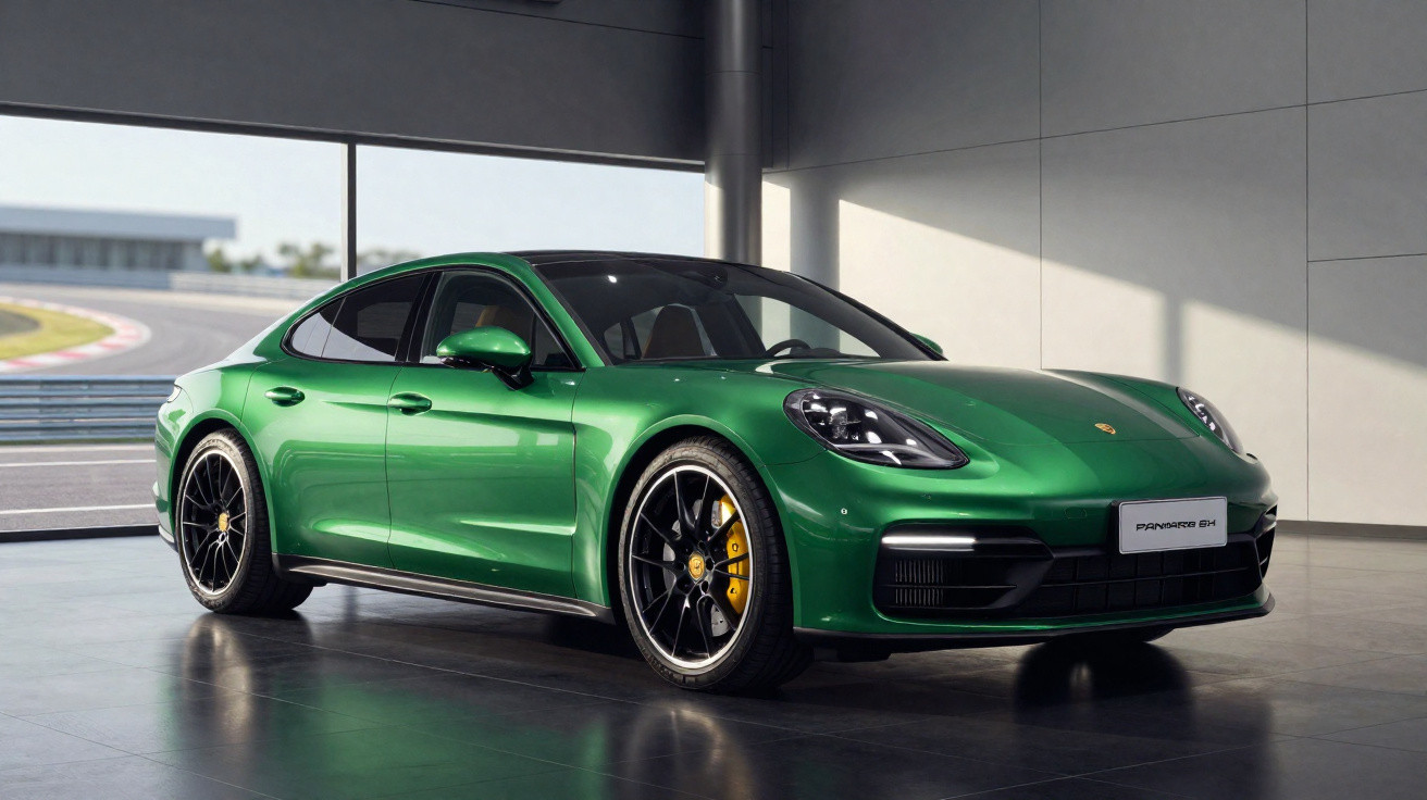 Carro esportivo Porsche Panamera 4S verde em ambiente interno com piso escuro e parede cinza.