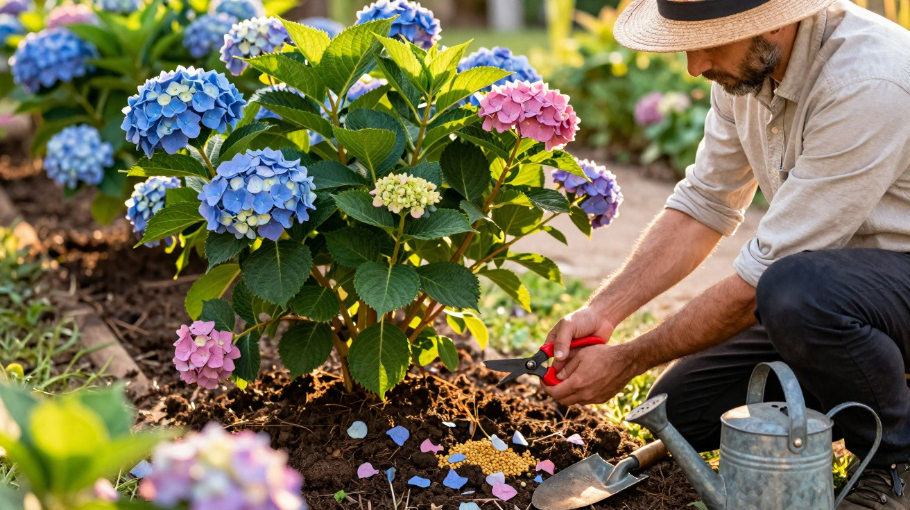 Homem com chapéu cuidando de hortênsias coloridas em jardim ensolarado, com regador e ferramentas ao redor.