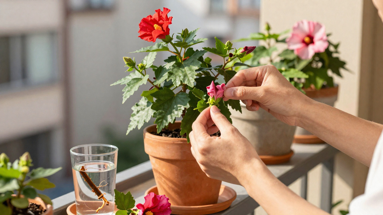 Mãos cuidando de plantas com flores coloridas em vasos de barro em uma varanda ensolarada.