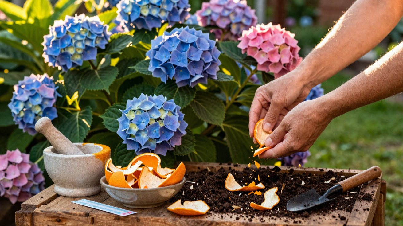 Mãos triturando cascas de laranja em terra, com flores de hortênsia coloridas ao fundo.