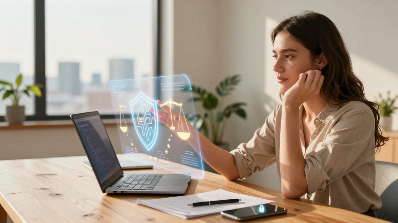 Mulher jovem interagindo com holograma de escudo e balança de justiça em laptop em ambiente iluminado.