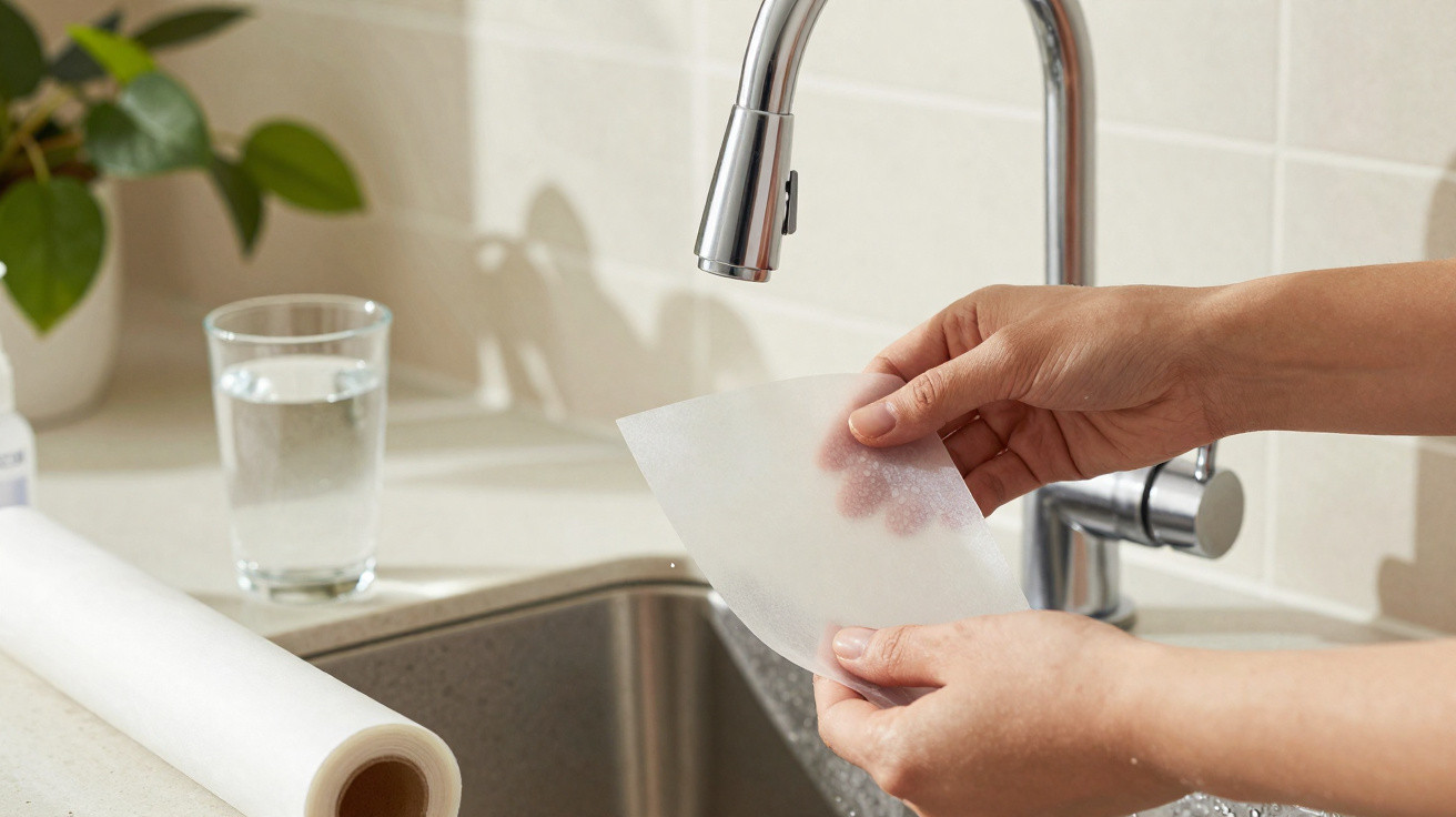 Mãos seguram lenço de cera alimentar transparente próximo à torneira na pia de cozinha.