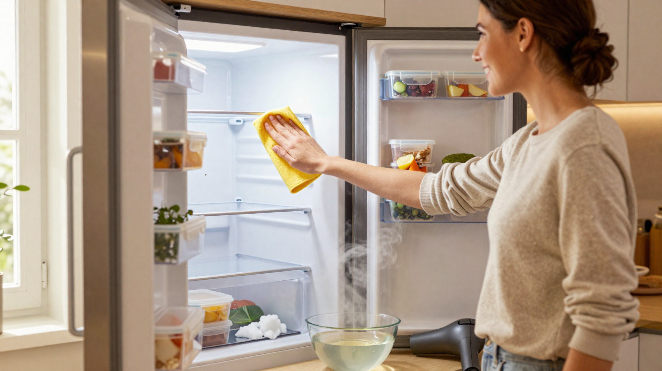 Mulher sorridente limpando o interior de uma geladeira com pano amarelo, com vapor saindo do freezer.