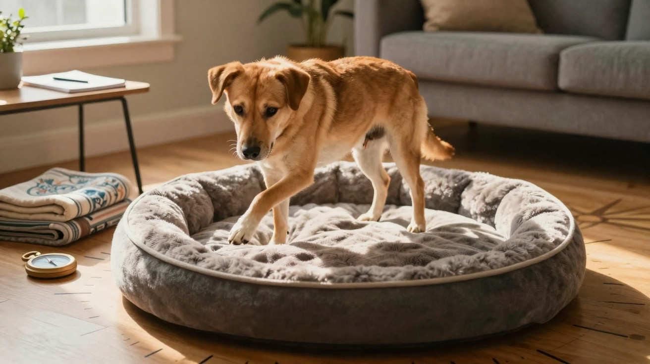 Cachorro marrom claro em cama cinza felpuda em sala com sofá e mesa ao fundo.