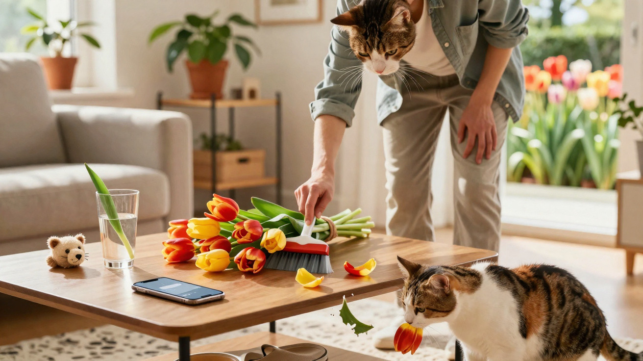 Pessoa limpando pétalas caídas de tulipas na mesa enquanto dois gatos observam em sala iluminada.