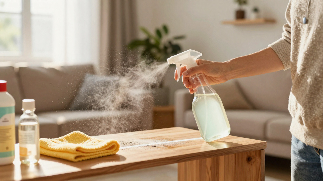 Pessoa borrifando produto de limpeza em mesa de madeira com pano amarelo ao lado em ambiente doméstico.