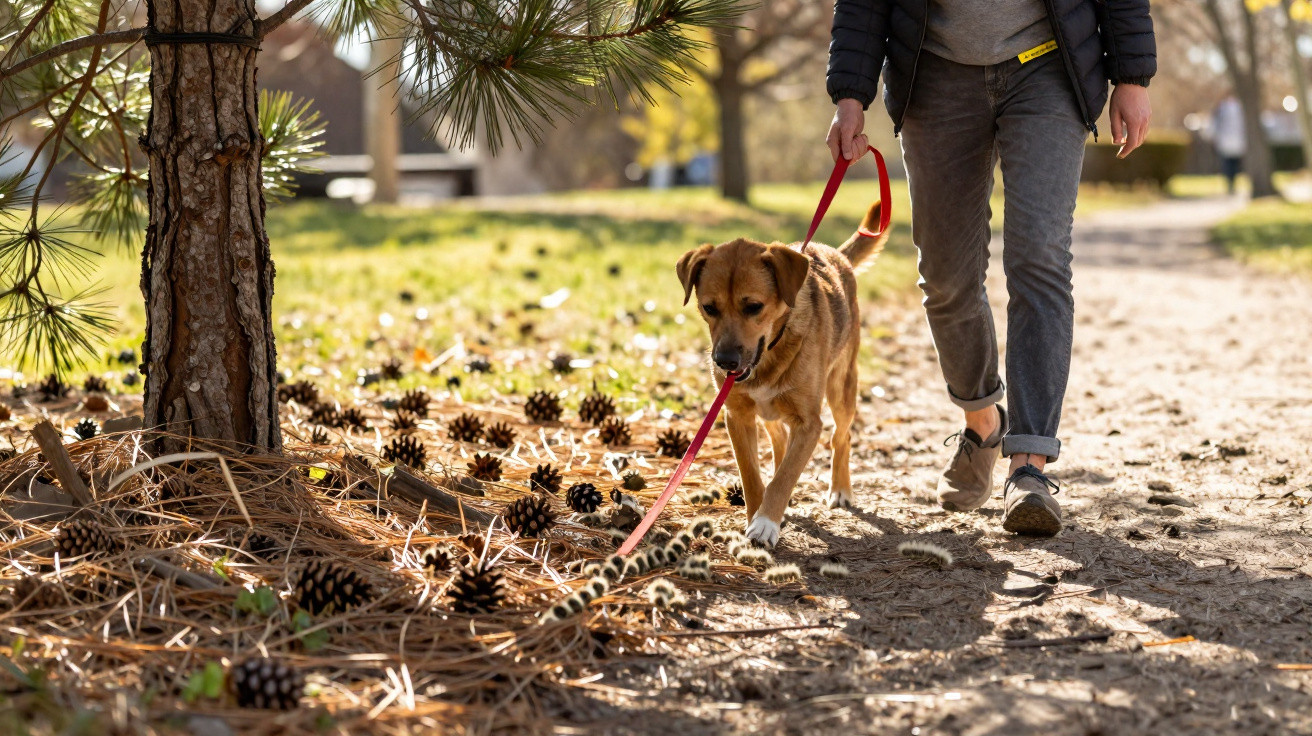 Pessoa caminhando com cachorro de coleira vermelha em parque com pinhas e árvores ao fundo.