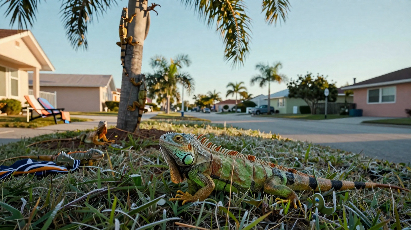 Iguana verde no gramado de um bairro residencial com casas e palmeiras ao fundo.