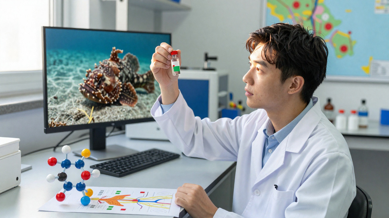 Cientista com jaleco segurando frasco em laboratório, com modelo molecular e imagem marinha em tela.