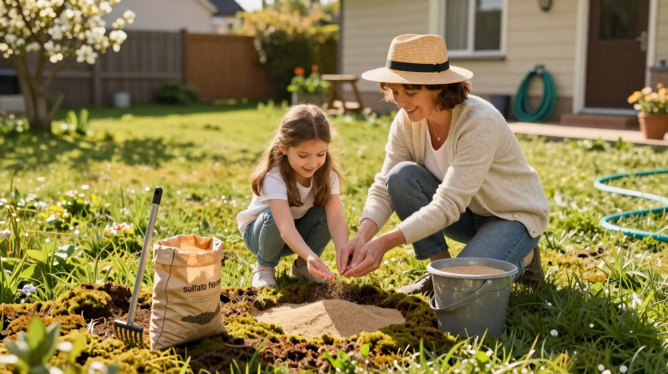 Mulher e menina plantando jardim em dia ensolarado em quintal de casa, com ferramentas e balde.