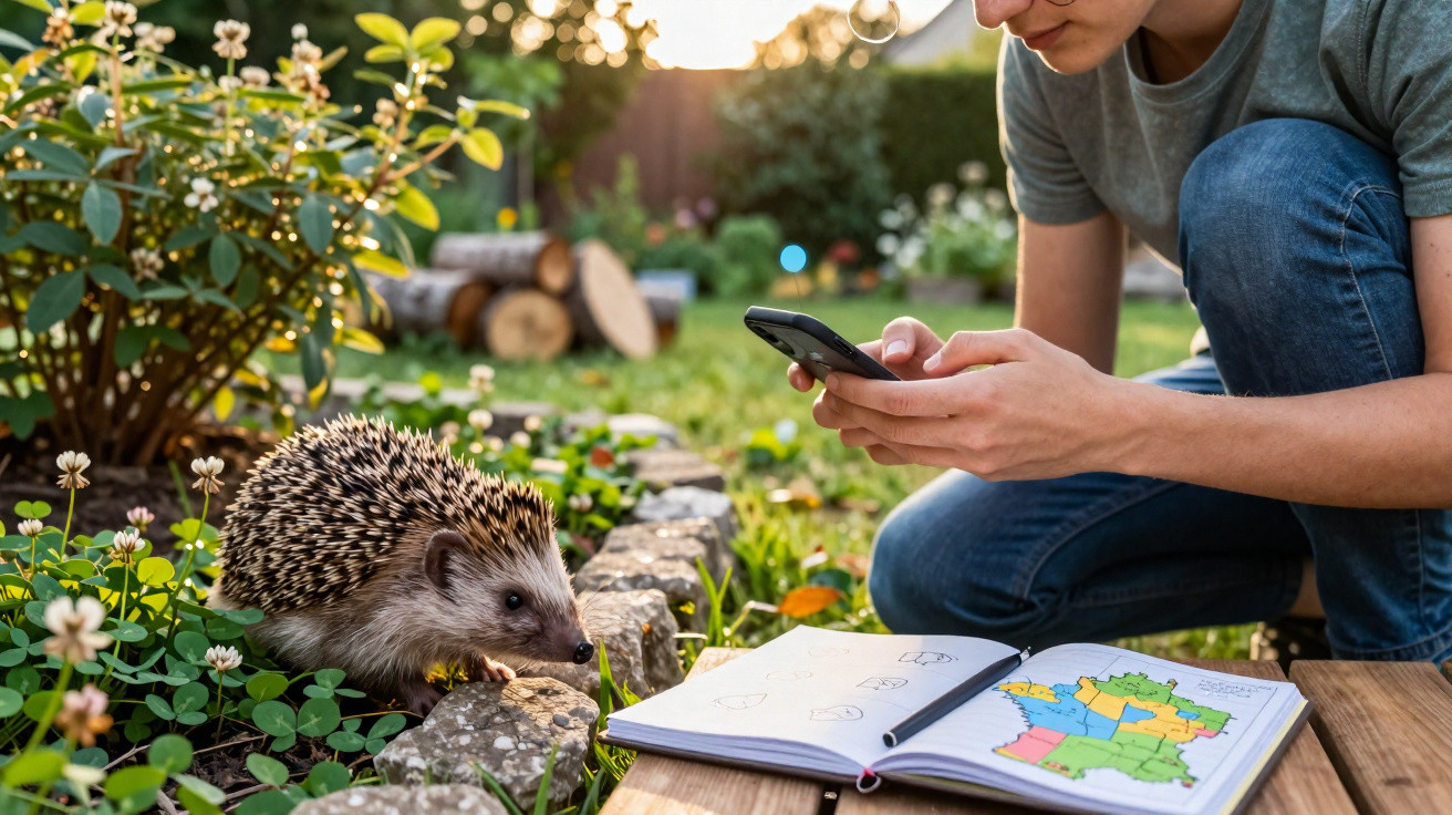 Pessoa usando celular para fotografar um ouriço em jardim, com caderno aberto e caneta sobre a mesa.