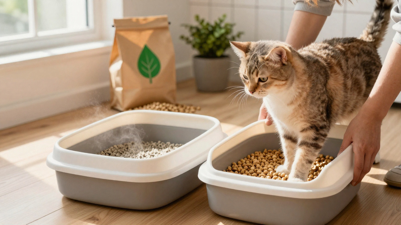 Gato caminhando em bandeja sanitária com pellets, ao lado de outra com areia e mão ajustando bandeja.