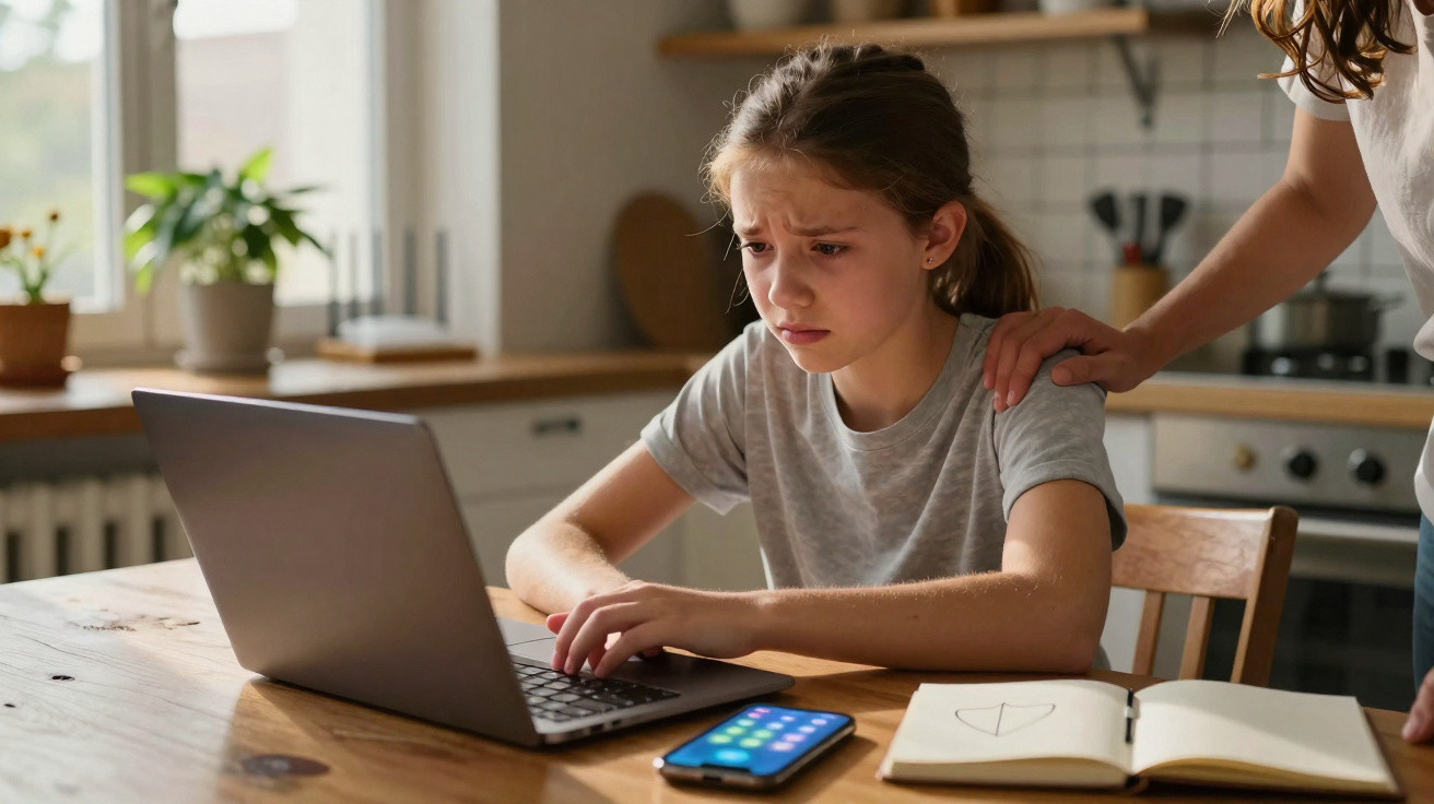 Menina preocupada usando laptop com mão de adulto confortando seu ombro em ambiente doméstico.