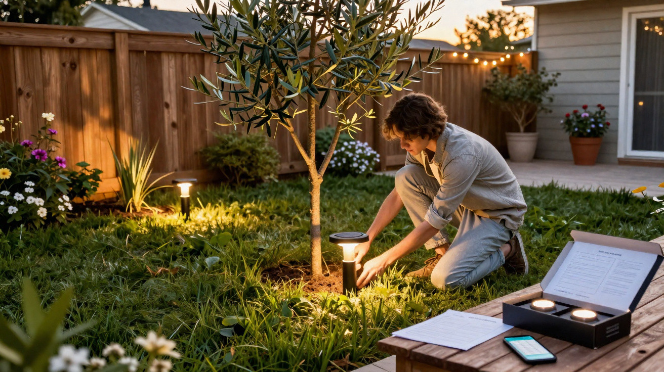Pessoa instalando luminária solar em jardim à noite, ao lado de árvore e casa.