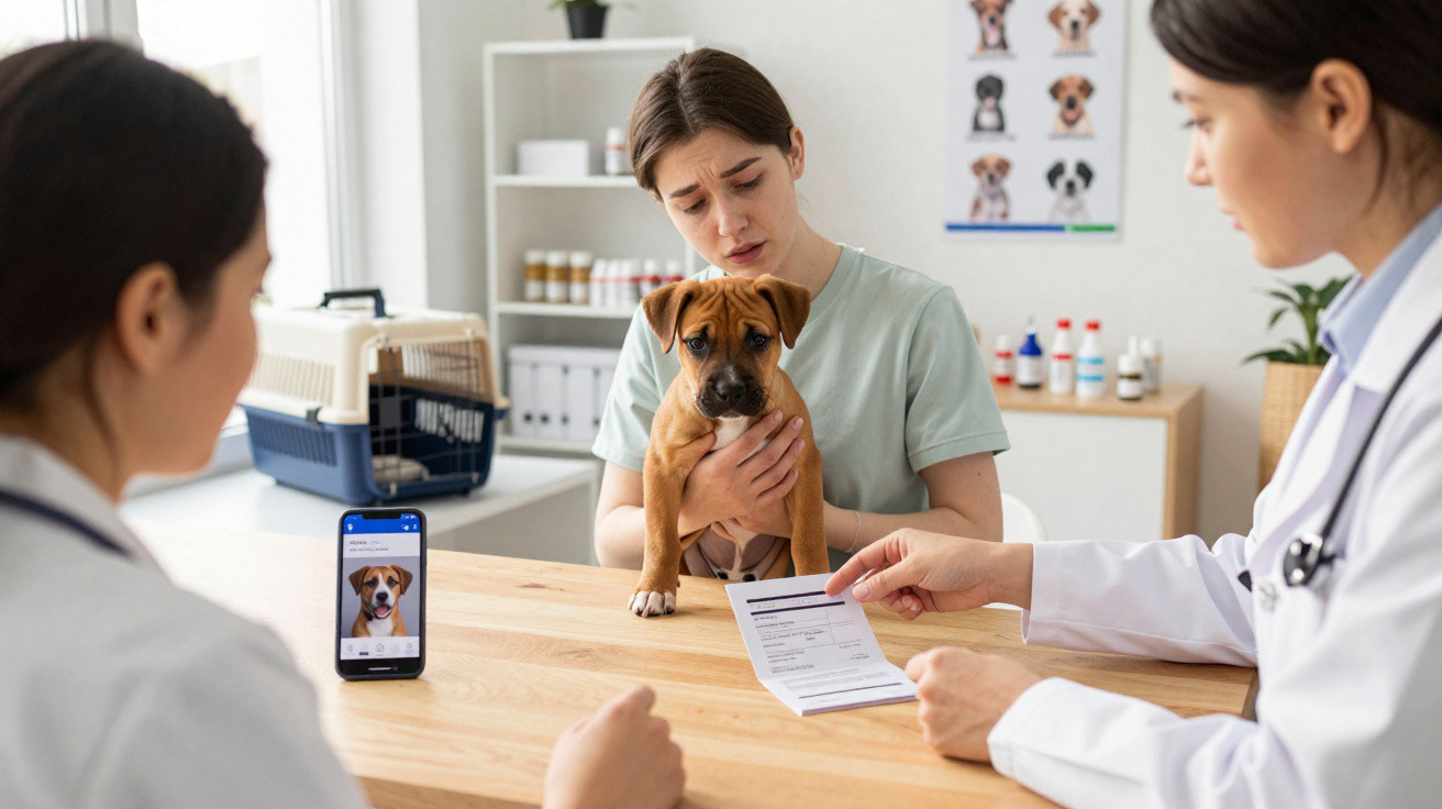 Mulher segurando filhote em consulta veterinária com duas médicas, telefone com foto do cachorro na mesa.