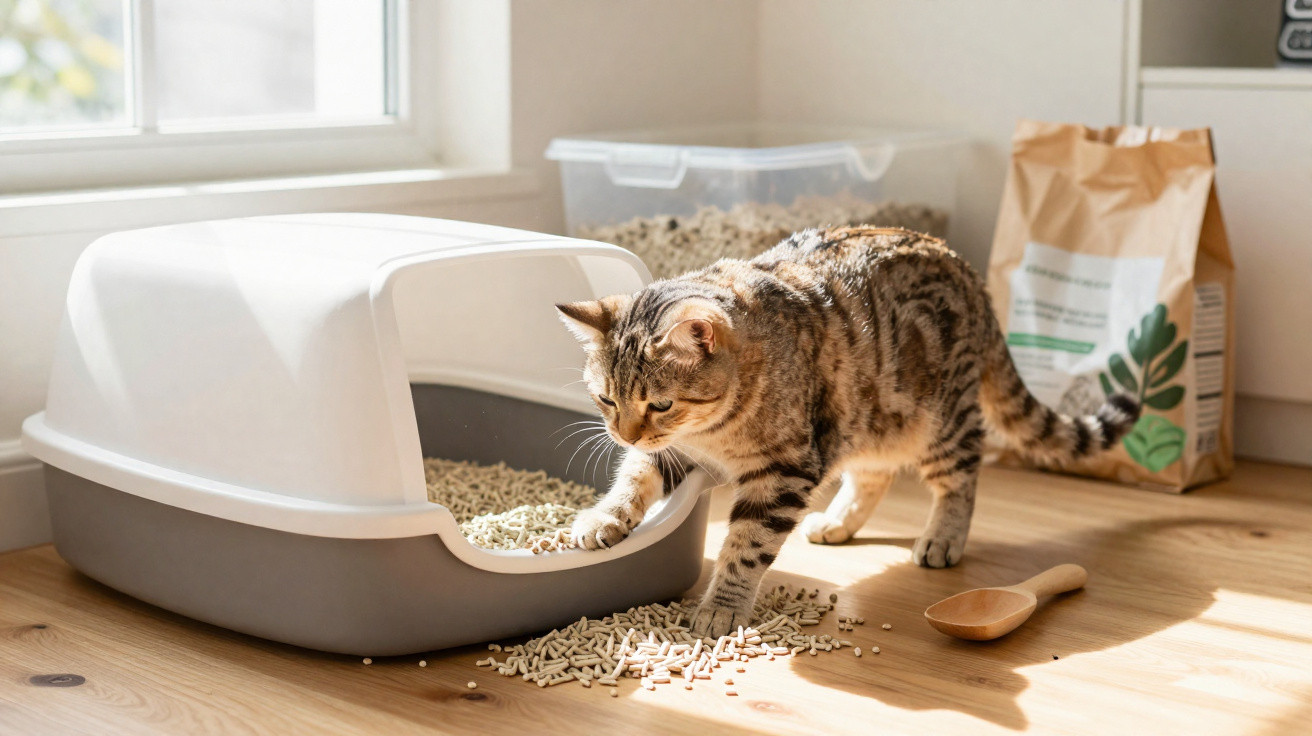 Gato cinza usando uma pata para espalhar a areia sanitária para gatos no chão de madeira próximo à caixa de areia.