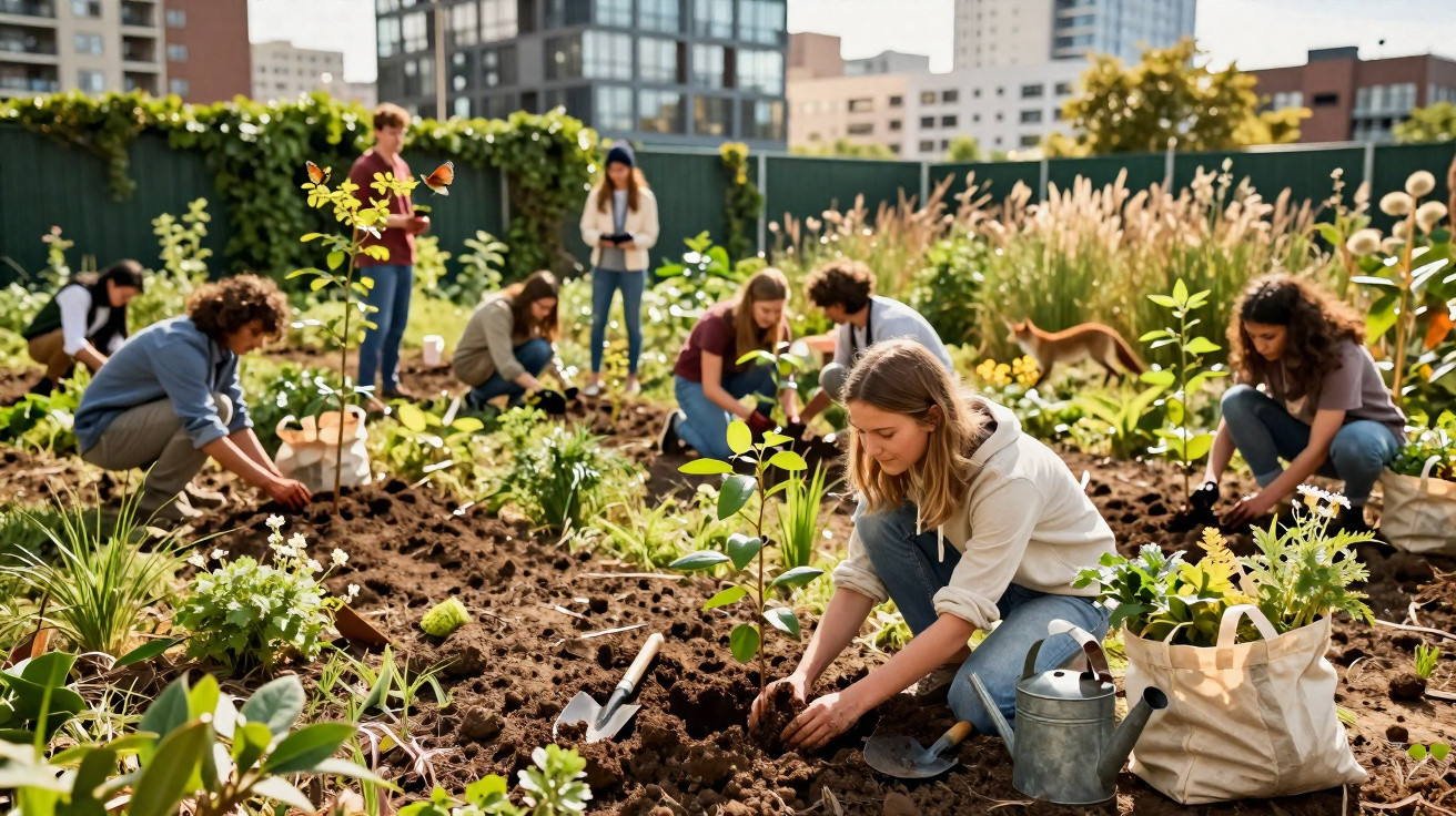 Grupo diverso de pessoas cuidando de plantas em um jardim comunitário urbano ensolarado.