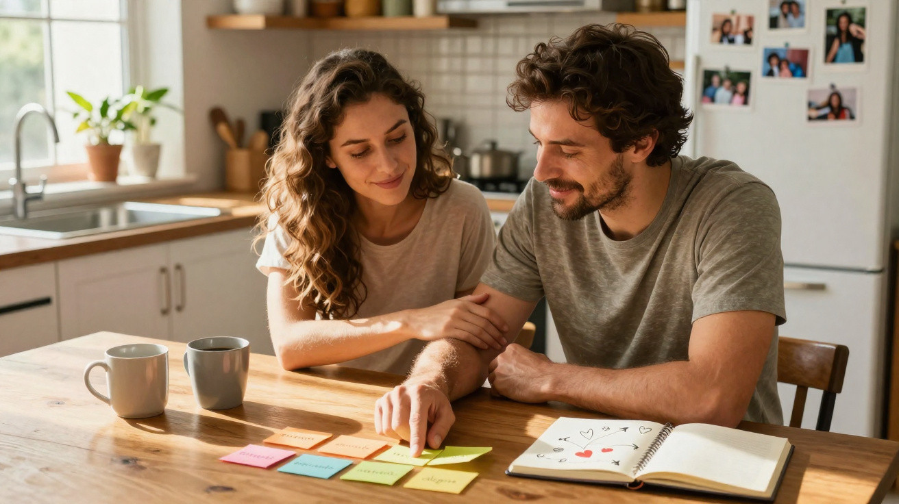 Casal sentado à mesa planejando com post-its coloridos e livro de anotações aberto na cozinha iluminada.