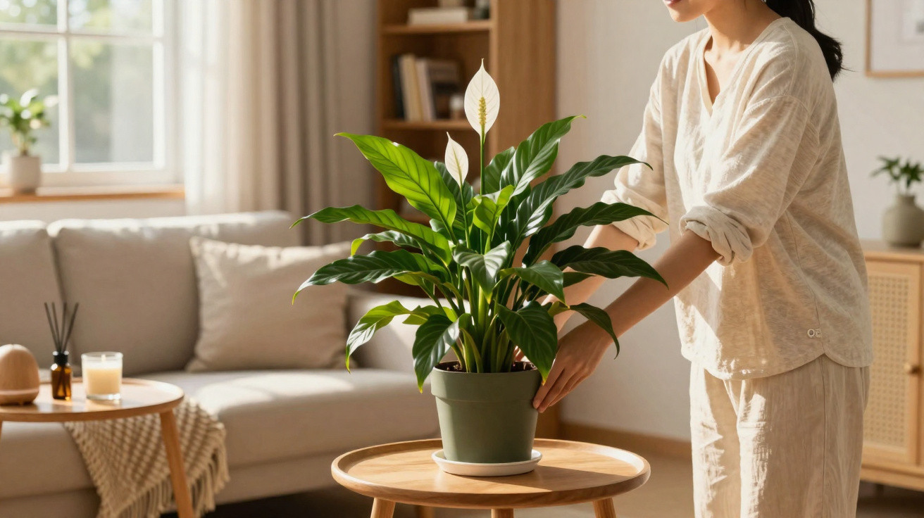 Mulher cuidando de planta em vaso sobre mesa de madeira em sala de estar iluminada.
