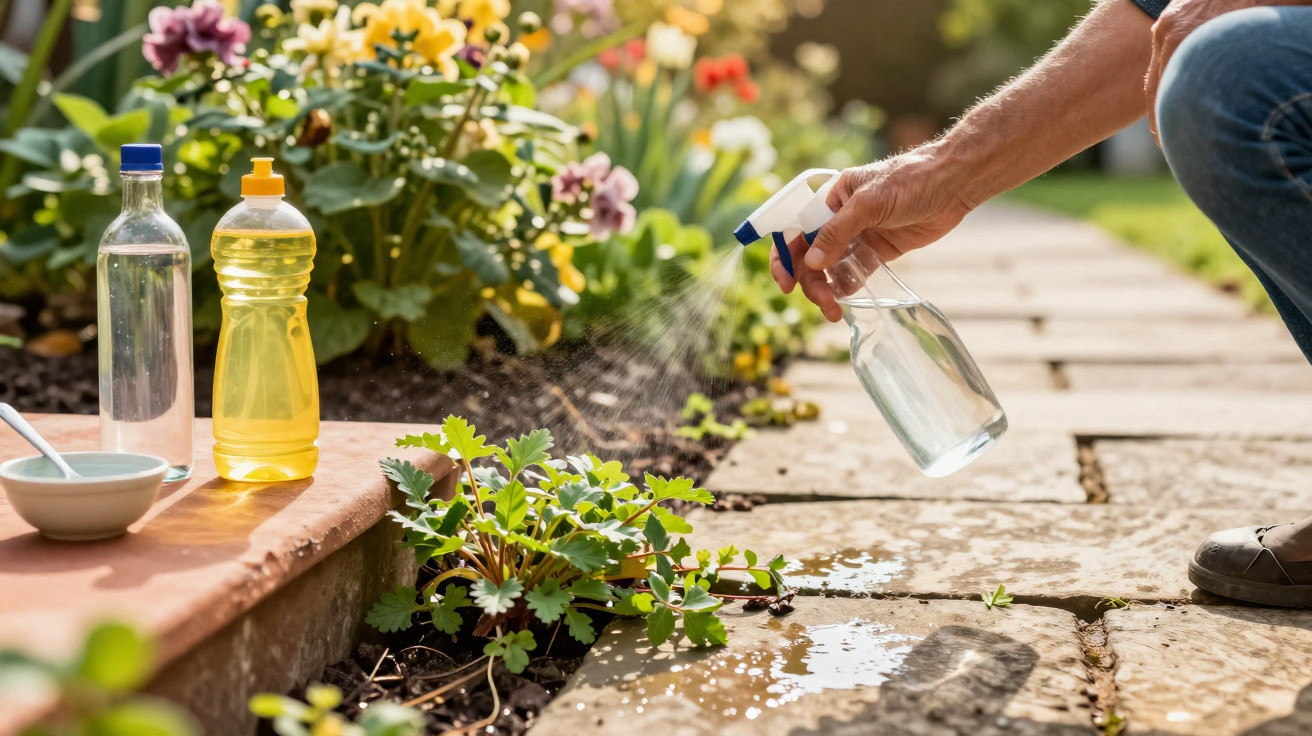 Pessoa borrifando água em plantas em um jardim com flores coloridas ao fundo.