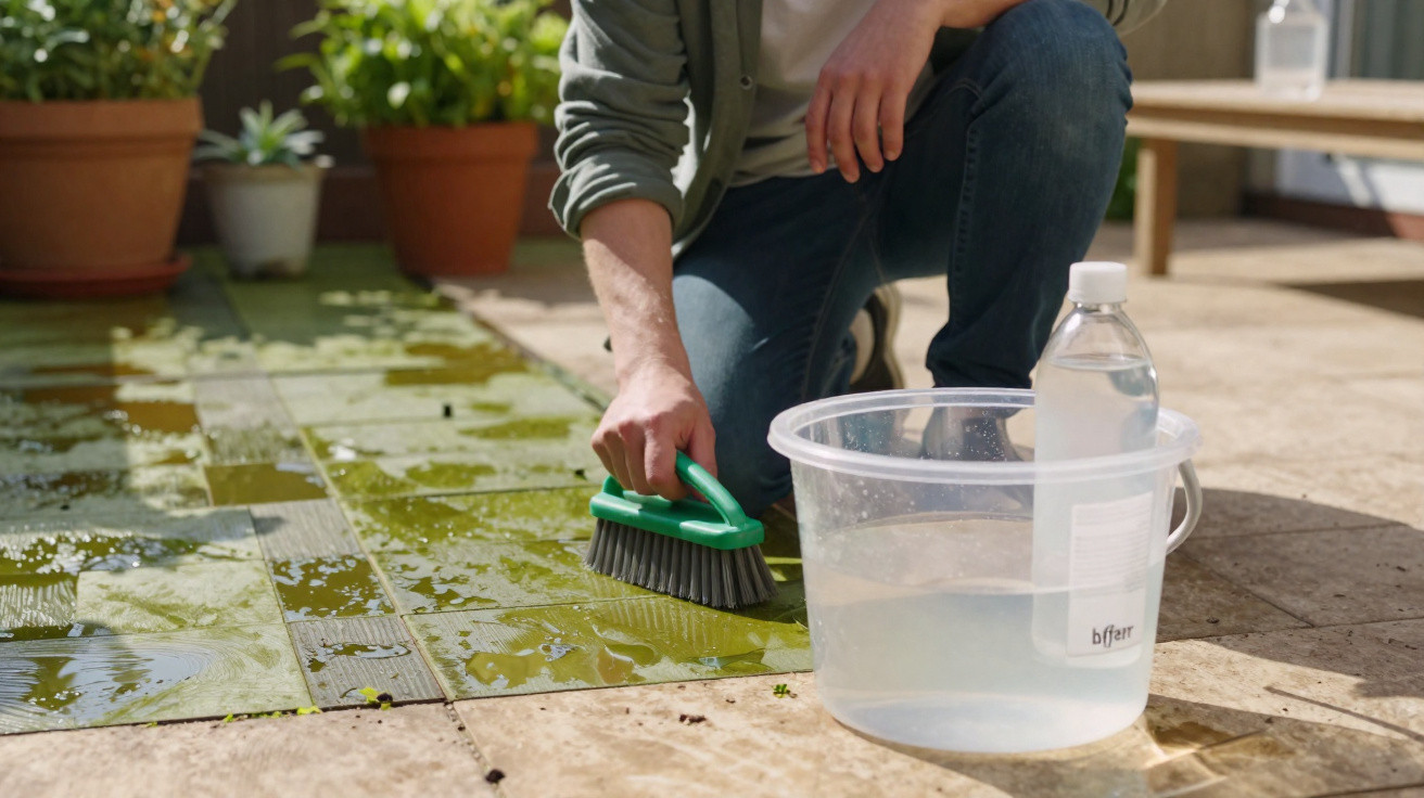 Pessoa usando escova para limpar chão molhado em área externa com plantas e balde transparente.