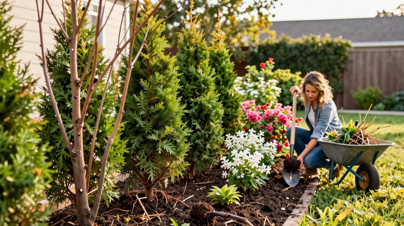 Mulher jardineira com pá cuidando de flores e plantas em canteiro no jardim ensolarado.