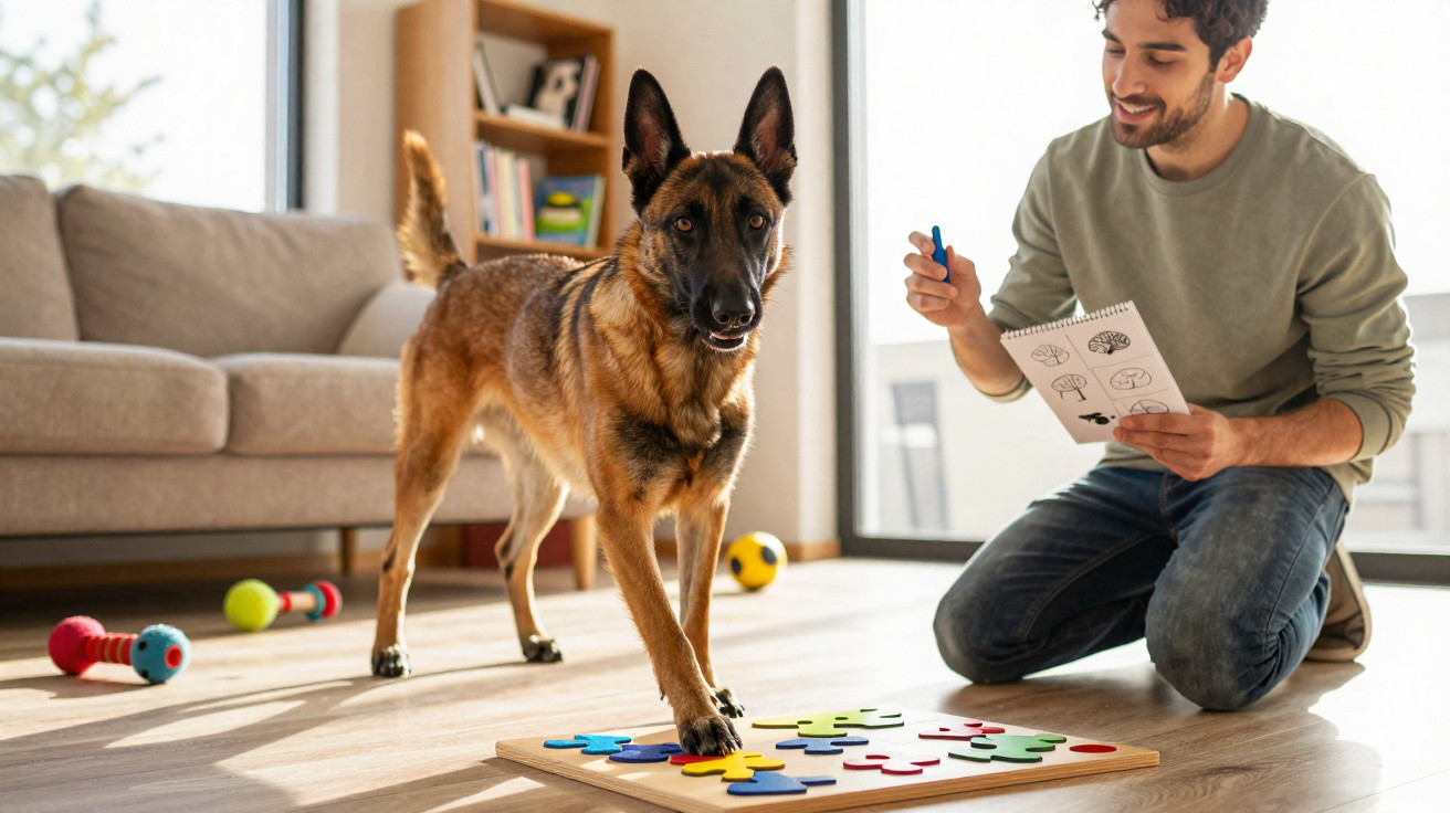 Cachorro está treinando com homem que segura caderno em sala iluminada com brinquedos pelo chão.